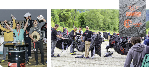 Enke-Prokurist Klaus Stern (l. oben) und Enke-Chef Hans-Ulrich Kainzinger (l. unten) machen beim „indischen Seiltrick“ eine gute FigurSiegerehrung des internationalen Impulscamp-Gewinner-Teams (oben) Eine Zeltstadt entsteht am Rande des Festival-Geländes. Mancher Teilnehmer hatte sichtlich Mühe beim Aufschlagen seines Enke-Zelts
