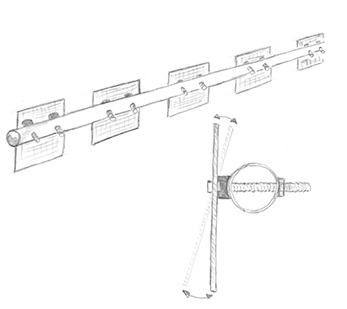 <p>
Schematische Darstellung: Einzelne Metallplättchen werden mittels beweglichem Gleitlager (Kunststoff oder gummiartige Zwischenlage) befestigt
</p>