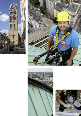 

1


Einsatzort für Höhenarbeiter: Turm der Rochuskirche




2


Marc Peschel am Seil bei der Behebung von Schäden an der Rochuskirche in Düsseldorf. 




3


Die vom Sturm angehobenen Bleche mussten wieder befestigt werden




4


Abdichtung einer Fassadenverglasung mit dem Flüssigkunststoff Enkopur von Enke
