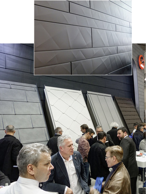 <p>Großer Andrang auf dem Prefa-Messestand, wo unter anderem die Designstudie Siding.X (r.) vorgetellt wurde</p> - © Buck