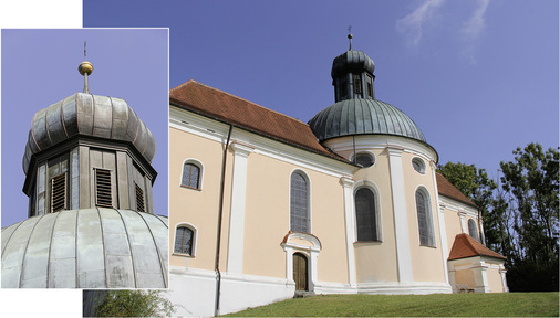 
Bezaubernd: Kuppel sowie Turm und Turmzwiebel der Kapelle Maria Seelenberg im Ostallgäu
