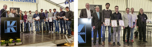 
Die baden-württembergischen Landesfachklassen der Klempner haben allen Grund zum Feiern: links eine der drei Abschlussklassen bei der Lossprechung der Klempnergesellinnen und -gesellen. Rechts die beiden Jahrgangsbesten Simon Böhm und Doppelsieger Steffen Riester 
