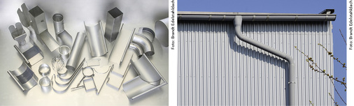 
Brandt Edelstahldach in Köln liefert Edelstahlrinnen von Ferrinox in blanker sowie in matter Oberfläche (r.). Die matte Ober-fläche entsteht nach dem natürlichen Patinierungsprozess der werkseitig verzinnten Edelstahl-Dachentwässerungselemente
