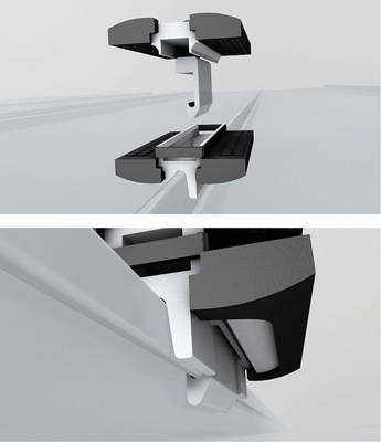 Klemmsystem aus zwei Teilen: Zuerst wird das Unterteil kippsicher auf dem Falz montiert. Der Haken des Oberteils klemmt sich anschließend beim Festschrauben von unten an den Falz
