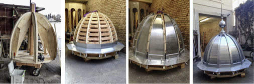 
Vier Fertigungsschritte von der hölzernen Unterkonstruktion bis zur Zink bekleideten Kuppel
