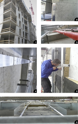 

1


Am Rohbau sind geneigte Ebenen sowie über den Grundriss hinausragende Betondecken gut zu sehen




2


Zum Einrichten des Knicks und der geneigten Ebene spannten die Spengler Drähte 




3



4


+ Mit unterschiedlicher Auskragung sorgen Konsolen für den entsprechenden Wandabstand. Dieser ist groß genug, um die Regenfallrohre dahinter zu platzieren




5


Verkleben der Dämmstoffe an der Betonwand des Rohbaus




6


Brandschott-Profile sollen im Brandfall verhindern, dass ein Feuer hinter die Fassade dringt



