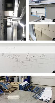 

1


Blick hinter die Fassade: Dämmung, Unterkonstruktion, Gerüstanker und Trapezprofil 




2


Auf Trapezprofil befestigte Schindeln samt Gerüstanker und darüberliegendem Lüftungsprofil 




3


Der fertige Fassadenknick aus der Nähe mit entsprechend gekanteten Schindeln 




4


Spaß muss sein. Dieses Kunstwerk trägt den Namen: Baustellenhumor auf Trapez, 2015 




5


In der Werkstatt warten Schindeln und Anschlussprofile auf die Lieferung zur Baustelle



