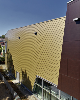 
Die glänzenden Titanzinkrauten wurden perfekt an die leicht abknickende Linie der Fassade angepasst
