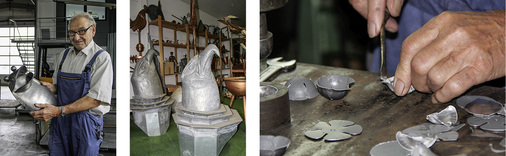 
Hauptsache Metall: Ernst Gaßmann fertigt Klempnerfrösche ebenso souverän an wie mächtige Wasserspeier oder filigrane Klempnerrosen 
