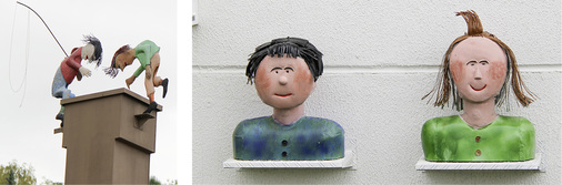 
… Max und Moritz: Ernst Gaßmanns Figuren schmücken umliegende Fassaden, Schornsteine und Flachdächer 
