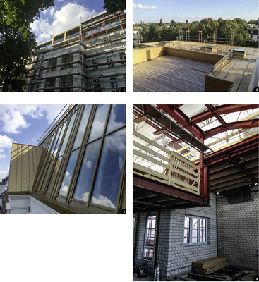 




1


Das mehrstöckige Wohnhaus in Hamburg-Harvestehude erhielt ein zusätzliches Stockwerk mit Wohn- und Terrassenflächen




2


Fertiggestellte Bekleidung rund um die Terrasse mit Oberlichtern und Schneefangsystem




3


Die steil geneigte Dachfläche über der Straße: Stehfalztechnik rund um die Verglasungen und auf dem Satteldach am Erker




4


Ein Stahlgerüst mit Holzschalung bildet die stabile Unterkonstruktion für das neue Dach
