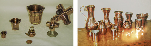 



Klempnermeister Rechmann fertigt auch aus Ronden aufgezogene Eimer und Teekessel an. Dazu verwendet er zum Beispiel Pfennigstücke und ähnliche kreisrunde Kupferplatinen oder Bleche
