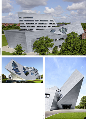 <p>
<p>
<span class="GVAbbildungszahl">1</span>
</p>

Die Bekleidung der Fassaden erfolgte mit Rheinzink-Großrauten.Diese bieten vielfältige Möglichkeiten, die unterschiedlichen Teile des Zentralgebäudes zu strukturieren
</p>

<p>
<p>
<span class="GVAbbildungszahl">2</span>
</p>

Der US-amerikanische Star-Architekt Daniel Libeskind hat das eigenwillige architektonische Konzept zusammen mit Studierenden der Leuphana entwickelt
</p>

<p>
<p>
<span class="GVAbbildungszahl">3</span>
</p>

Bei der Fassadenbekleidung wurden sehr anspruchsvolle Details verwirklicht. Zum Beispiel erfolgt die Ableitung des Regenwassers verdeckt und kaskadenförmig an der Außenseite der überhängenden oder steil geneigten Fassaden
</p>