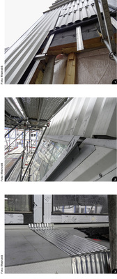 

1


Unterkonstruktion und Wärmedämmung: Auf den Trapezblechen erfolgt die Montage der Großrauten. Links die Randprofile aus verzinktem Stahl für die Eckausbildung der Fassade




2


Detail vor Montage der Großrauten: Das Regenwasser wird oberhalb des Fensters zu den beiden Außenseiten geführt




3


Detail Fensterbank: Zur sicheren Ableitung des Regenwassers im Stoßbereich ist der gewellte Rheinzink-UDS-Verbinder für die unterdeckende Stoßverbindung der Fensterbänke verlegt
