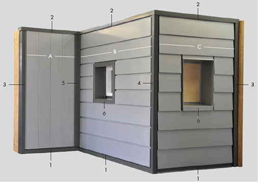<p>
Relevante Fassadendetails am Rheinzink-Trainingsmodell:1 Fassadenfußpunkt, 2 Dachrand, 3 Fassadenbegrenzung, 4 Außenecke, 5 Innenecke, 6 Fensteranbindung
</p>

<p>
</p> - © Rheinzink

