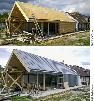 
Die Gebäudehülle aus Prefalz wurde auf einer Vollholzschalung befestigt
