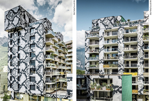 
„Extraordinaire“ macht den Entwurf das Fassadenmaterial, das die kantige Form abstrahiert. Die Schlange kam ins Spiel, weil die grafischen Muster der Schlangenhaut es sehr schwierig machen, ihre Form zu definieren. Das Schuppenmuster funktioniert in Sachen Form wie eine Camouflage-Optik, die Ecken und Kanten verschwinden lässt 
