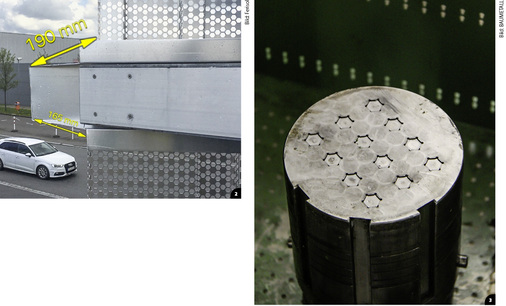 

2


Millimeterarbeit: die spitze Gebäudeecke kurz vor dem Zusammenschluss der Fassade




3


Das Sechskantmuster mit einer Lochbreite von ca. 13 mm auf der Matrize des Stanzautomaten
