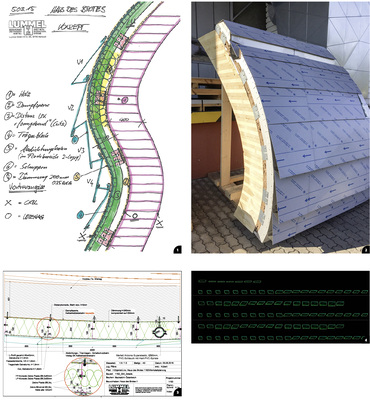 <p>
</p>

<p>
<p>
<span class="GVAbbildungszahl">1</span>
</p>

Mit dieser Skizze startete die Entwicklungsarbeit der komplexen Fassade 
</p>

<p>
<p>
<span class="GVAbbildungszahl">2</span>
</p>

Danach wurde an einem Muster die technische Machbarkeit geprüft …
</p>

<p>
<p>
<span class="GVAbbildungszahl">3</span>
</p>

… und anhand der gewonnenen Erkenntnisse die Werkpläne erstellt
</p>

<p>
<p>
<span class="GVAbbildungszahl">4</span>
</p>

Der Maschinenbildschirm zeigt verschiedene Schindelformate
</p> - © Skizzen, Pläne und Bilder: Lummel GmbH

