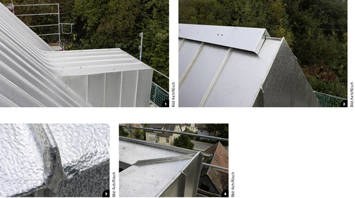 

1


Der lineare Falzverlauf zieht sich konsequent über die Dachgaube hinweg




2


Lüfterfirst und Falzeinbindung am Ortgang




3


Sorg-Falz-Pflicht am Abschluss des Stehfalzes 




4


Auch an der Brüstung wurden alle Profile miteinander verfalzt und die Scharen der Fassade sorgfältig eingebunden
