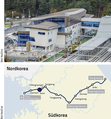 <p>
Die mit Titanzink gedeckte Bahnstation liegt an einer 120 km langen Neubaustrecke zwischen Wonju und Gangneung
</p>