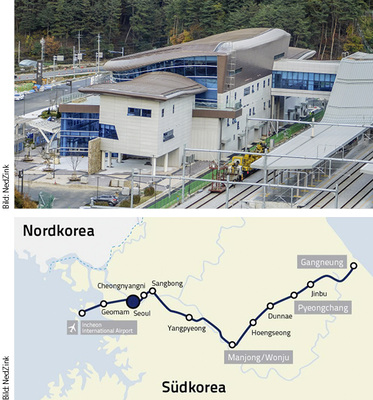 
Die mit Titanzink gedeckte Bahnstation liegt an einer 120 km langen Neubaustrecke zwischen Wonju und Gangneung
