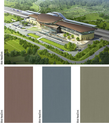 
Bereits im Architektenentwurf kommt das gedeckte Rot aus der NedZink-Reihe „Nuance“ in der umgebenden Landschaft perfekt zur Geltung. Erhältlich sind außerdem die Farbtöne „Blue“ und „Green“
