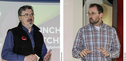 
Crunchtime! Pitchen! In der entscheidenden Projektphase versuchen Karsten Köhler (Prefa-Geschäftsführer, Deutschland) und Berthold Ruck (Rheinzink-Gruppenleiter Anwendungstechnik/Marketing), geeignete Investoren für eine im Workshop erarbeitete neuartige Geschäftsidee zu gewinnen
