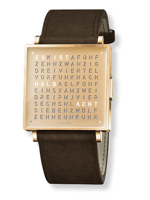 <p>
Qlocktwo ist auch als Armbanduhr aus gebürstetem, poliertem oder schwarz DLC-beschichtetem Edelstahl zu haben
</p>

<p>
</p> - © B&F Manufacture GmbH & Co. KG

