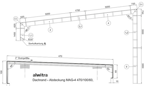 



Ausschnitt aus einem Montageplan mit Benennung des für dieses Objekt relevanten Halterabstandes unter dem Einsatz einer 1,5-mm-Alu-Dachrandabdeckung

