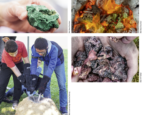 

1


Grüner und manchmal auch azurblauer Malachit ist der Rohstoff für die Kupfergewinnung




2


Für das Ötzi-Experiment bauten die Schüler des Birklehof-Gymnasiums einen Ofen aus Steinen und Lehm




3


Das Feuer im Lehmofen muss 1000 °C heiß sein, damit sich das Kupfer aus dem Stein löst




4


Experiment gelungen! Aus dem Malachit hat sich rot glänzendes Metall gelöst
