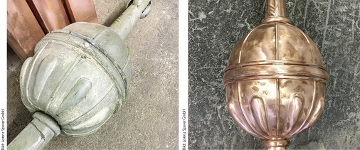 
Die untere Kupferkugel der Windfahne (r.) besteht aus zwei ornamentierten Halbschalen und einem sickenverstärkten Zwischenring. Die senkrecht verlaufenden Sicken wurden von Hand eingetrieben – die getriebenen Pfeifen durch Weichlöten aufgesetzt
