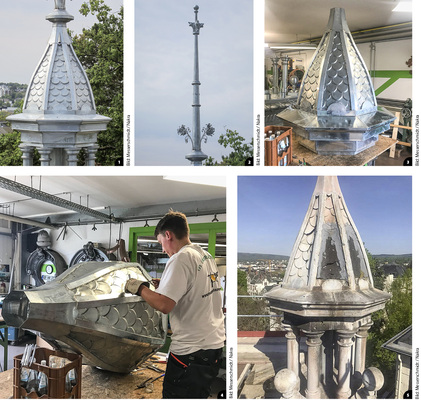 

1


Auf dem Säulenring thront ein schindelgedecktes Dach mit geschwungenen Gratreiterblechen




2


Filigrane Turmspitze mit Blumenverzierung




3


Fertiggestellter Nachbau des Turmdaches 




4


Aufsetzen der Gratreiter in der Werkstatt




5


Das alte, stark beschädigte Dach vor der Demontage
