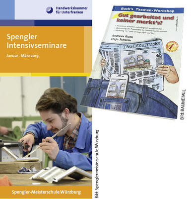 
Im Rahmen der empfehlenswerten Spengler-Intensivseminare werden auch zwei BAUMETALL-Workshops angeboten. Das perfekt zum Thema passende Taschenbuch ist Bestandteil der Seminar-Mappe „Gut gearbeitet und keiner merkt´s? / Pressearbeit fürs Handwerk“ 
