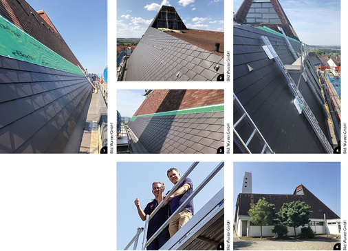

1


Die vorhandenen Bitumenschindeln wurden mit einer Trennlage überdeckt




2


Dachbereich, noch mit Bitumenschindeln 




3


Verlegung der Prefa-Dachschindeln 




4


Montage per Leitergerüst




5


Flaschnermeister Dietmar Ozwirk mit Prefa-Geschäftsführer Tobias Götz




6


Die Aufnahme entstand vor der Sanierung 

