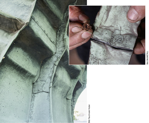 
Das aus dem Jahr 1755 stammende Turmdach der ehemaligen Zisterzienserabteikirche von Aldersbach verfügt über zahlreiche Rollnietverbindungen. Solche Rollnieten wurden früher aus Blechresten hergestellt. Fachmännisch ausgeführt sind sie selbst nach über 250 Jahren noch dicht
