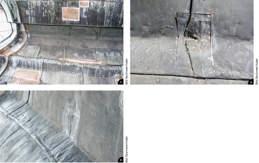 <p>
<p>
<span class="GVAbbildungszahl">1</span>
</p>

Aufwendige Reparatur: Kleinteilig und über Falze hinweg verlaufen ertüchtigte Bereiche, die darauf warten, mit einem speziellen Verfahren patiniert zu werden
</p>

<p>
<p>
<span class="GVAbbildungszahl">2</span>
</p>

Rückbau einer unsachgemäßen Reparatur
</p>

<p>
<p>
<span class="GVAbbildungszahl">3</span>
</p>

Nach dem Patinierungsprozess sind die Reparaturstellen kaum noch sichtbar
</p>