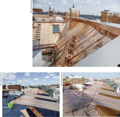 

1


Das Mansardendach samt flachgeneigter Bereiche mit fünf Grad Gefälle und Steildachflächen über der Traufe 




2


Geheimnisse der Klempnertechnik: Die nicht sichtbare Befestigung der Profile mit Haften aus Edelstahl an den Gauben und auf einer flach geneigten Dachseite




3


Dieselbe Dachseite mit Schneefangsystem und Absturzschutz nach Abschluss der Arbeiten
