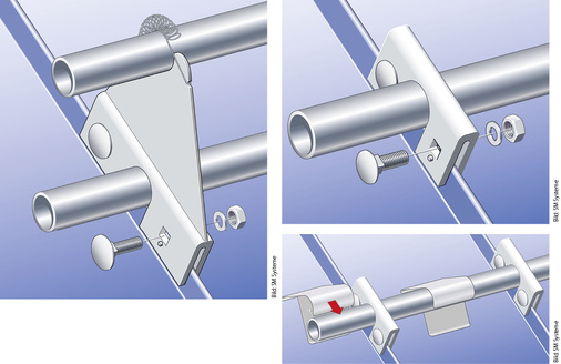 
Systemdarstellungen des Herstellers SM Systeme als vormontierte Klemmfaust, mit Eisstopper bzw. als Doppelrohrsystem mit Patentfeder
