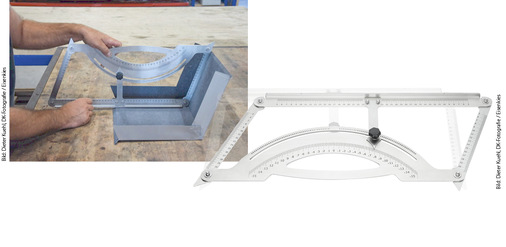 Die Spenglerschmiege von Eisenkies ist mit zahlreichen gut ablesbaren Messskalen und einer Fixierschraube ausgestattet
