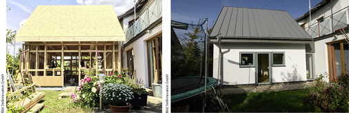 <p>
Minihäuser eignen sich auch als Anbau an bestehende Gebäude. Hier ein Systemhaus der Stellinnovation GmbH: von der Tragwerk-Unterkonstruktion bis zum fertigen Haus mit Dachbahnen aus Metall
</p>
