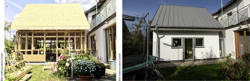 
Minihäuser eignen sich auch als Anbau an bestehende Gebäude. Hier ein Systemhaus der Stellinnovation GmbH: von der Tragwerk-Unterkonstruktion bis zum fertigen Haus mit Dachbahnen aus Metall
