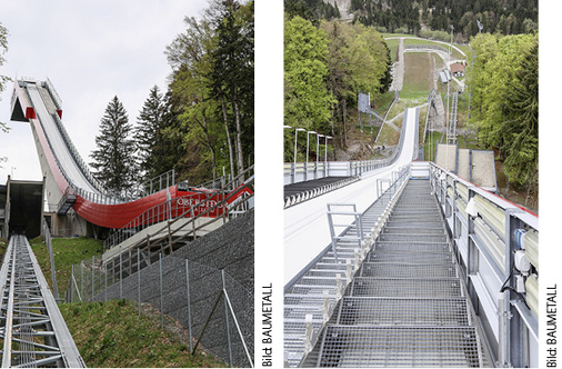 
Die imposante 235 m hohe Schanze von unten und von oben aus gesehen
