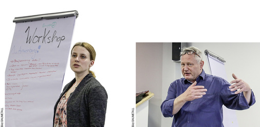 <p>
Laura Konhaaß und Mario Brückner präsentieren Workshop-Ergebnisse
</p>