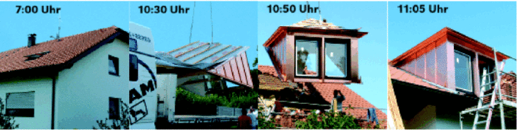 Bild 1.: Die Montage so genannter Fertiggauben grenzt fast schon an Zauberei. Wo die Hausbesitzer um 7:00 Uhr noch schliefen, entstand bereits bis 11:05 Uhr ein neuer Raum. Ob vom Systemanbieter (Bild: Mage Herzberg) oder aus Klempnerhand: Fertiggauben überzeugen Bauherren durch eine schnelle Montage, während sich der Klempner über die angenehme Vorfertigung in der Werkstatt freut. Bild 1.: Die Montage so genannter Fertiggauben grenzt fast schon an Zauberei. Wo die Hausbesitzer um 7:00 Uhr noch schliefen, entstand bereits bis 11:05 Uhr ein neuer Raum. Ob vom Systemanbieter (Bild: Mage Herzberg) oder aus Klempnerhand: Fertiggauben überzeugen Bauherren durch eine schnelle Montage, während sich der Klempner über die angenehme Vorfertigung in der Werkstatt freut.