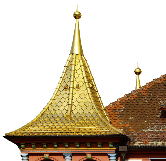 Das Goldene Dach auf dem Rathaus ­gehört ebenso wie zahlreiche vergoldete Schriftzüge zu den Besonderheiten in Schwabach - © Bild: BAUMETALL
