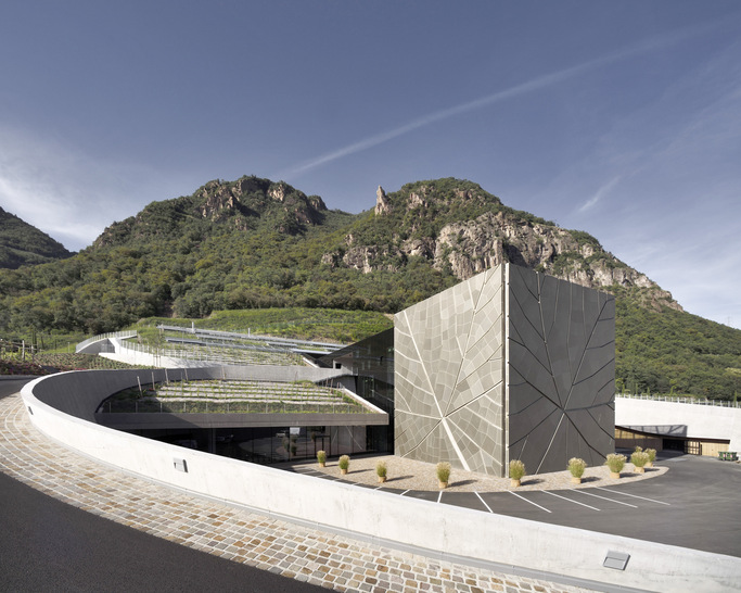 Das neue Kellereigebäude mit dem charakteristischen Fassadendesign schmiegt sich an den Hang. Die Produktionsräume sind unter Weinbergen verborgen