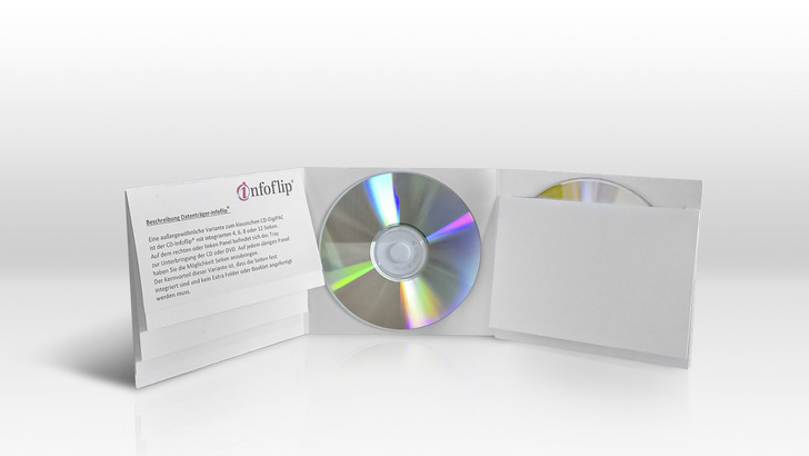 Die Alternative zum CD-Booklet: Der Datenträger-Infoflip für CDs und DVDs kann individuell ­bedruckt werden - © Bild: Infoflip Medien GmbH
