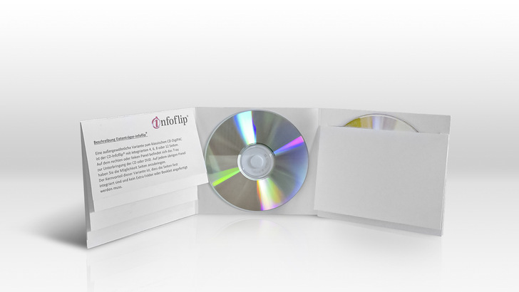 Die Alternative zum CD-Booklet: Der Datenträger-Infoflip für CDs und DVDs kann individuell ­bedruckt werden