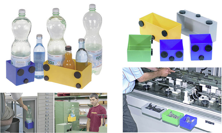 Sorgen für Ordnung: verschiedene Sichtkästen mit griffbereiten Kleinteilen oder Getränken, angedockt auf einer Metalloberfläche